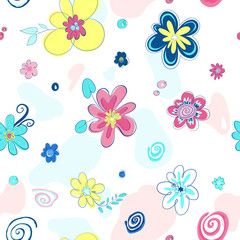 Fototapeta na wymiar Set of cute flowers in cartoon style. Elements for the design of textiles, cards, t-shirts. Floral flat hand drawn color background, seamless pattern.