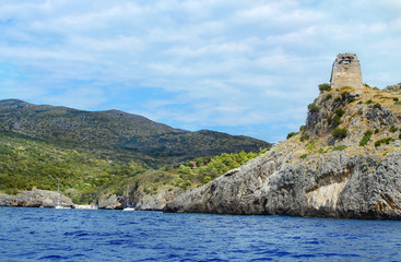Cala Bianca Beach and the saracen tower near Camerota
