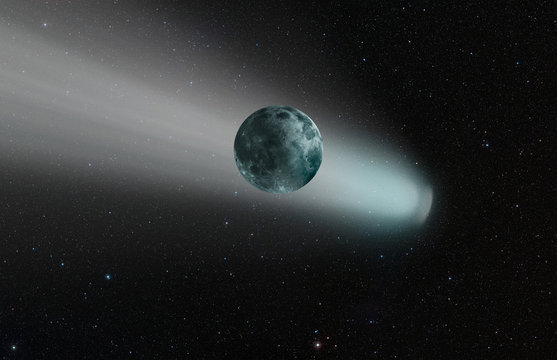 Comet on the space with moon "Elements of this image furnished by NASA "