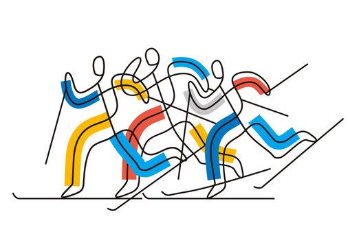    Cross-country skiing competition, line art stylized.  Illustration of three nordic skiing competitors. Isolated on white background. Vector available.