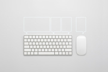 keyboard mouse on a white background with empty dialog bubble