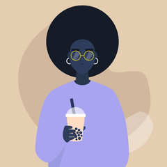 A portrait of a young black female character holding a take away cup of bubble milk tea, lifestyle and food