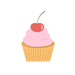 Cupcake, dessert with pink cream and cherries. Colored cake on a white background. Cupcake logo, element for cafes, patisseries, etc.
