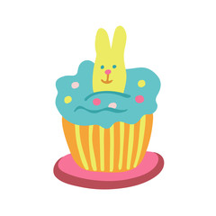 Easter cupcake decorated with a rabbit biscuit, jelly beans and color whipped cream. Hand drawn vector illustration isolated on white background. Great for Easter products design, cards, treats.