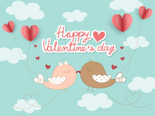 Cute couple lovebirds kiss in the blue sky look so sweet and romantic. Beautiful background for Valentines concept with bird, paper cut pink heart shape balloon and cloud. Vector wallpaper design.