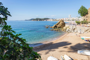 View of the embankment and the beach of the resort town of Lloret de Mar, Costa Brava, Spain