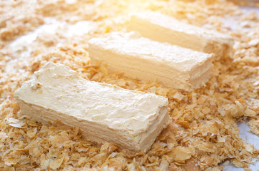 Cake Napoleon with condensed milk and puff pastry. Dessert sweetness, food industry, torte