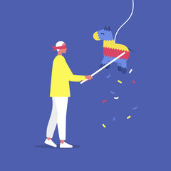 Young blindfolded male character hitting a colourful pinata with a stick, celebration party