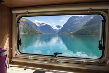 View from the window of the motorhome RV Caravan on the beautiful nature of Norway