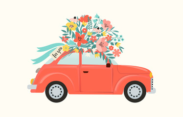 Red retro toy car delivering bouquet of flowers box on pink background. February 14 card, Valentines day. Flower delivery. 8 March, International Happy Womens Day. Vector illustration.
