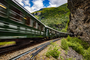 Fototapeta na wymiar Flam Line is a long railway tourism line between Myrdal and Flam in Aurland, Norway.