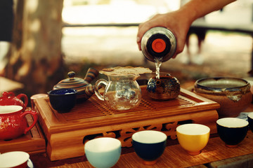 Tea set for tea ceremony. Tea ritual.