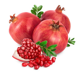 Pomegranate with leaf isolated on white background with clipping path and full depth of field.