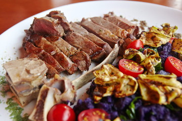 food, dinner, grilled, meat, cooked, dish, meal, delicious, barbecue, plate, lunch, cuisine, fried, restaurant, table, white, grill, closeup, herbs, vegetables, gourmet, salad, roasted, herb, vegetabl