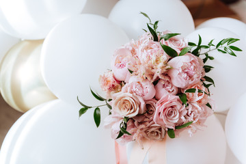 fresh bright blooming peonies flowers with dew drops on petals