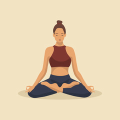 Young woman demonstrating various yoga or pilates positions isolated on light background. Concept health lifestyle. Sports female character. Stock vector illustration in flat style for sports blog. - obrazy, fototapety, plakaty