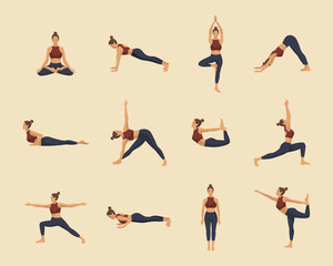 Set of yoga asanas. Young woman demonstrating various yoga or pilates positions isolated on light background. Concept health lifestyle. Sports female character. - obrazy, fototapety, plakaty