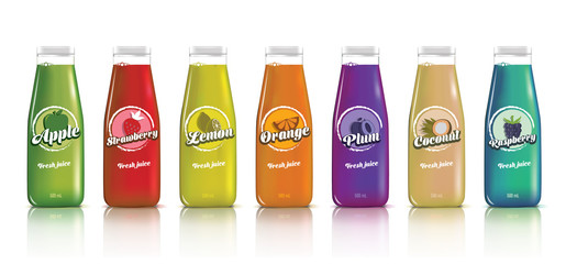 Fresh juice realistic glass canned bottle set. Healthy organic product, natural vegan nutrition vector packaging mockup.