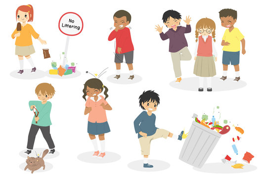 Naughty kids doing bad things and bullying others. Naughty kids with bad behavior vector set.  