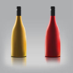Two realistic vector wine bottles in top view with blank labels on gray background. Design template in EPS10.