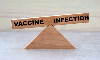 concept of the balance of words vaccine and infection on wooden scales