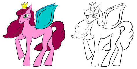 Vector isolated pony. Coloring of pony. Colored pink cartoon horse. Coloring and colorful pony