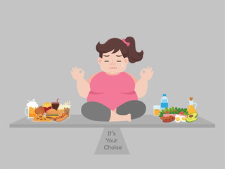 Big fat woman consider to choose between junk food or good food, diet cartoon, lose weight, Healthcare concept.