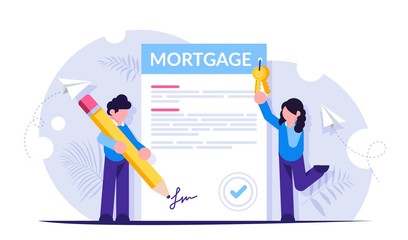 Mortgage loan aplication form concept. Man and a woman sign a paper document. Buying a new home on credit or installments. Modern flat illustration.