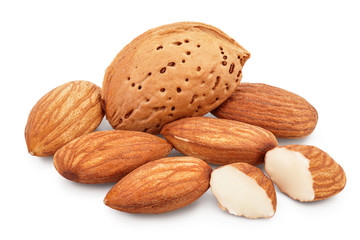 Almonds nuts isolated on white background with clipping path and full depth of field.