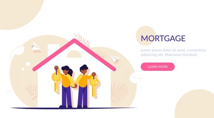 Happy family with keys to a new home. Illustration on the topic of mortgage lending. Silhouette of the house with the tenants. Modern flat illustration.