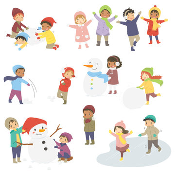 Set of happy kids on winter holiday. Kids playing in the snow and building snowman on winter holiday, cartoon vector