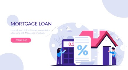 Mortgage loan against the background of the calculator and the house. The girl counts the interest on the documents. Man stands at the entrance to the new house. Modern flat illustration.