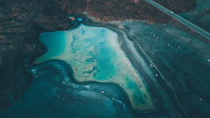 Aerial view of beautiful black sand beach in Lanzarote, Canary Island 