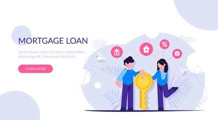 Happy family stands with the key to their new home or apartment. Concept of a mortgage loan for the banking sector. Modern flat illustration.