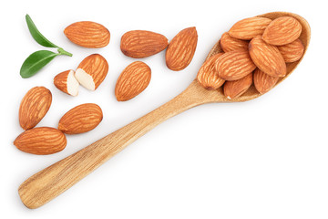 Almonds nuts with leaves isolated on white background with clipping path and full depth of field. Top view with copy space for your text. Flat lay