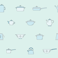 Kitchen dinnerware background - Vector color seamless pattern of knife, plate, spoon, fork, cup, kettle, saucepan, mug and ladle for graphic design