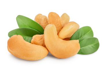 Roasted Cashew nuts with leaf isolated on white background with clipping path and full depth of field.