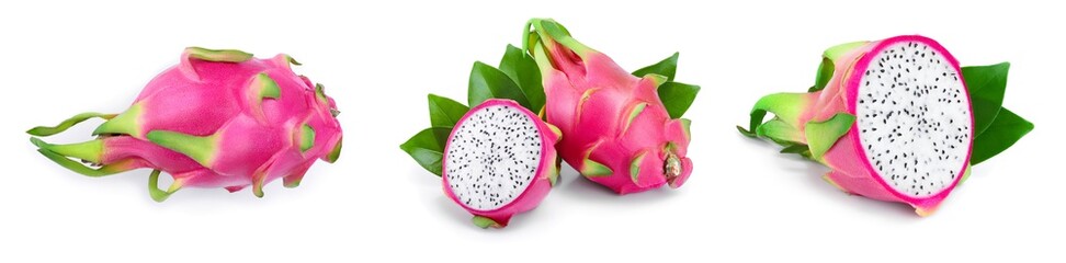 Ripe Dragon fruit, Pitaya or Pitahaya isolated on white background, fruit healthy concept. Set or collection
