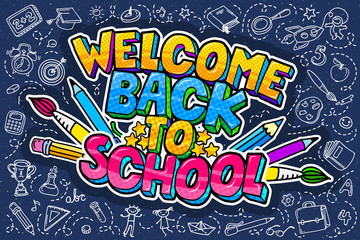 Concept of education. School background with hand drawn school supplies and comic speech bubble