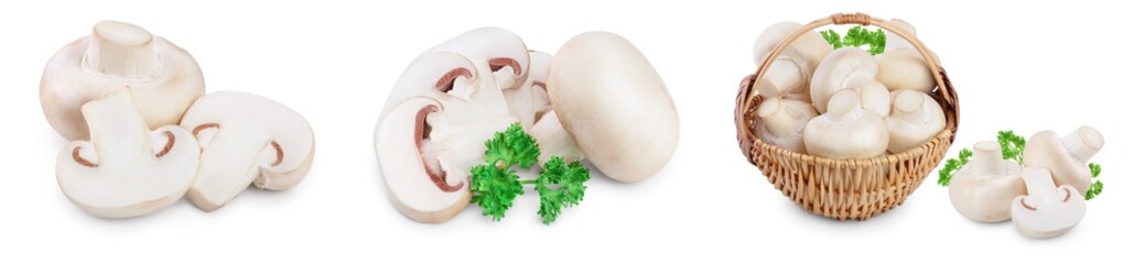 Fresh mushrooms champignon isolated on white background with clipping path and full depth of field. Set or collection