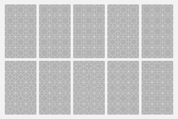Collection of seamless geometric ornamental vector patterns. Symmetric oriental design. Eastern repeatable grey backgrounds