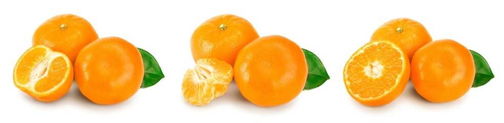 tangerine or mandarin fruit with leaves isolated on white background. Set or collection