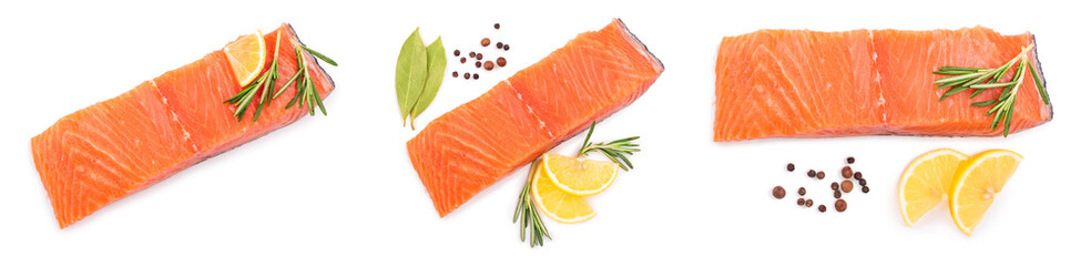 fillet of red fish salmon with lemon and rosemary isolated on white background. Top view. Flat lay. Set or collection