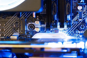 Graphics processing unit with neon light. LED Light, CPU Cooler. GPU radiator.