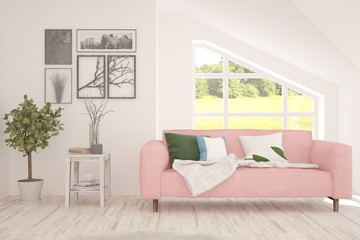 Stylish room in white color with sofa and summer landscape in window. Scandinavian interior design. 3D illustration