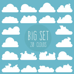 Large cloud set. 20 design elements. Blue background, white cumulus clouds
