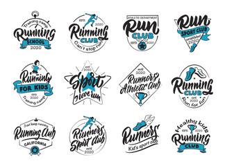 Set of vintage Run emblems and stamps. Colorful badges, templates and stickers