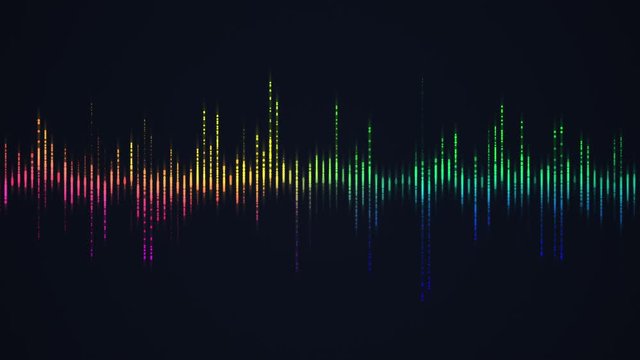 Bright colorful equalizer animation. Visualization of recording, playback of soundtrack, voice, music. 4K audio waveform background in purple colors. Technologic backdrop. Changing sound tune dynamic