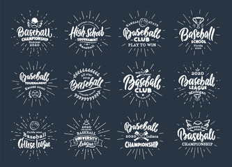 Set of vintage Baseball emblems and stamps. Baseball club, school, league badges, templates, stickers with rays