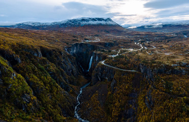 Casual aerial drone photo on the Voringsfossen waterfall at autumn, Norway